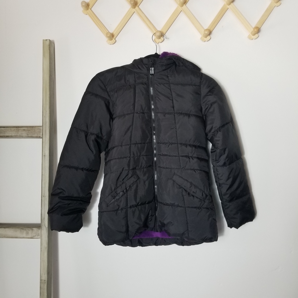 WONDER NATION GIRLS PUFFER COAT BLACK WITH SOFT PURPLE LINING SIZE 10-12 LARGE
